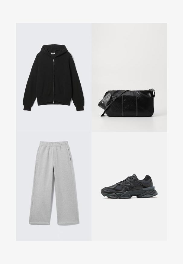 Zwarte gebreide capuchontrui met ritssluiting, geribbelde structuur, brede mouwen en een ontspannen pasvorm. Voorzien van een zilveren ritssluiting en een zachte voering.; Lichtgrijze polo met lange mouwen van zachte stof, met een witte kraag en een knoopsluiting met vier knopen. Soepele textuur, casual ontwerp.; Lichtgrijze katoenen sweatpants met een elastische tailleband, twee zijzakken en een wijd uitlopende broekspijp. Zachte textuur en eenvoudige stikdetails.; Zwarte hardloopschoen met een mix van mesh en synthetische materialen, een stevige zool, gebogen ontwerp en prominente branding op de zijkant.; Zwarte leren schoudertas met een ritsluiting, voorzien van een gestructureerd lichaam, witte stiksels en een band met zilveren oogjes.