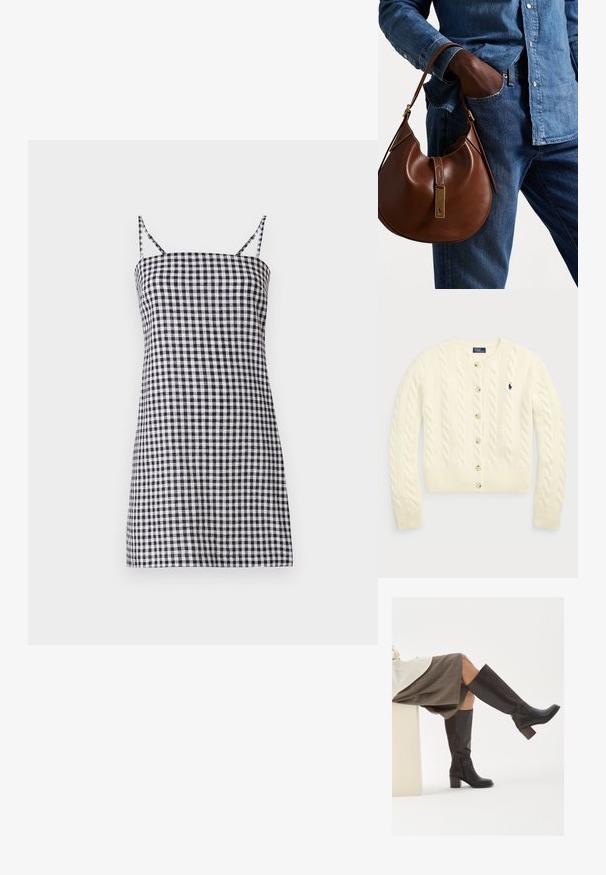 Polo Ralph Lauren CABLE-KNIT WOOL-CASHMERE CARDIGAN - Vest - authentic cream; Zwart-witte geblokte jurk met dunne spaghettibandjes, rechte silhouette en een getailleerde bovenkant. Katoenen materiaal met een soepele textuur.; Bruine leren laarzen tot de knie met een vierkante neus, stevige hak en zijrits. Gladde textuur met een gepolijste afwerking.; Bruine leren hobo tas met een rondvorm, voorzien van een gouden hardwareaccent en contrasterende stiksels. Gecombineerd met een denim shirt en jeans.