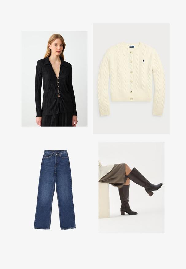 Polo Ralph Lauren - Kardigan; Czarna, długozasłonowa koszula z plisowaną teksturą, z kolnierzykiem w kształcie szpica i pięcioma dekoracyjnymi guzikami na przodzie, tworzącymi subtelny dekolt w kształcie litery V.; Szerokie niebieskie dżinsy z wysokim stanem, z zapięciem na guzik, pięcioma kieszeniami i delikatnym przetarciem na materiale.; Brązowe skórzane kozaki do kolan z kwadratowym czubkiem, grubym obcasem i bocznym zamkiem błyskawicznym. Gładka faktura z polerowanym wykończeniem.