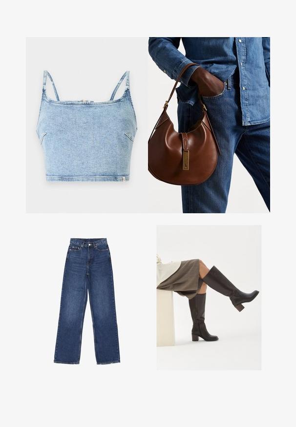Polo Ralph Lauren CABLE-KNIT WOOL-CASHMERE CARDIGAN - Kardigan - authentic cream; Světle modrý džínsový cropped top s tenkými nastavitelnými ramínky, s předním zipovým zapínáním a hladkou texturou, navržený pro těsný střih.; Svetle modré džíny s širokými nohavicemi a vysokým pasem, se zapínáním na knoflík, pěti kapsami a jemným vyblednutím na látce.; Hnědé kožené vysoké boty po kolena se čtveratou špičkou, robustním podpatkem a bočním zipem. Hladký povrch s lesklým povrchem.; Hnědá kožená hobo taška zaobleného tvaru, se zlatým kováním a kontrastním prošíváním. V kombinaci s džínovou košilí a džíny.