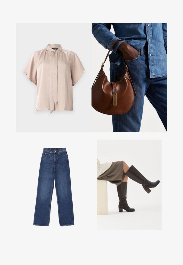 Polo Ralph Lauren CABLE-KNIT WOOL-CASHMERE CARDIGAN - Strickjacke - authentic cream; Kurzärmlige Bluse aus hellem beigem Satin, mit hohem Kragen und gebundenem Detail sowie gewelltem Saum an den Ärmeln. Glatte Textur.; Weite blaue Jeans mit hoher Taille, Knopfverschluss, fünf Taschen und subtilen Verwaschungen auf dem Stoff.; Braune Lederstiefel bis zum Knie mit eckiger Zehenpartie, blockiertem Absatz und seitlichem Reißverschluss. Glatte Oberfläche mit polierter Optik.; Braune Leder-Hobo-Tasche mit runder Form, ausgestattet mit goldenen Hardware-Details und kontrastierenden Nähten. Kombiniert mit einem Jeanshemd und Jeans.