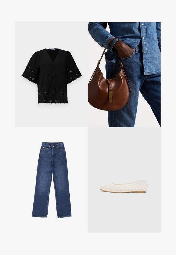 Polo Ralph Lauren CABLE-KNIT WOOL-CASHMERE CARDIGAN - Cardigan - authentic cream; Sort kortærmet bluse med V-hals, der har blomsterbroderi og udskæringer. Blødt stof med en tekstureret overflade.; Bredde ben blå denim jeans med høj talje, der har en knaplukning, fem lommer og diskret falmning på stoffet.; Hvide flade sko med mesh-design, spids tå og en lav, flad sål. Tekstureret overdel med en glat foring og subtile kontrastkanter.; Brun læder hobo taske med en afrundet form, der har et guldhardware-element og kontraststing. Sammen med en denimskjorte og jeans.