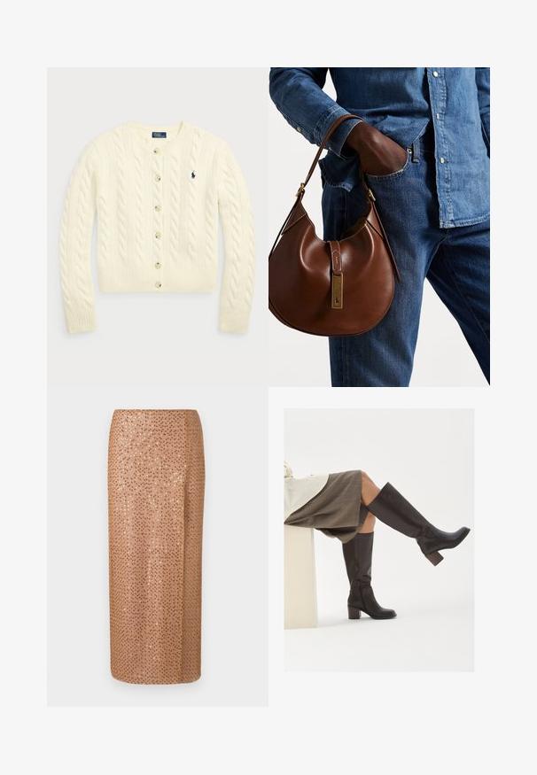 Polo Ralph Lauren CABLE-KNIT WOOL-CASHMERE CARDIGAN - Vesta na kopčanje - authentic cream; Dva bezrukavna rebrasta topa s rolkragnom u smeđoj i crnoj boji, prikazana na jednostavnoj bijeloj pozadini.; Midi suknja s perlicama u svijetloj bež boji s dizajnom od šljokica, koja ima ravnu siluetu i bočni prorez za detalj i kretanje.; Smeđe kožne čizme do koljena sa četvrtastim vrhom, robusnim potpeticama i bočnim zatvaračem. Glatka tekstura s sjajnim finišem.; Smeđa kožna hobo torba zaobljenog oblika, sa zlatnim metalnim detaljima i kontrastnim šavovima. Uparena s traper košuljom i trapericama.