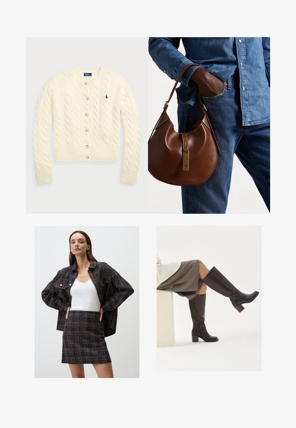 Polo Ralph Lauren CABLE-KNIT WOOL-CASHMERE CARDIGAN - Gilet - authentic cream; Deux tops à col roulé sans manches en marron et noir, présentés sur un fond blanc uni.; Veste navy texturée avec des accents orange, débardeur blanc et mini jupe texturée assortie. La veste comprend des boutons et une coupe surdimensionnée.; Bottes en cuir marron, montantes jusqu'au genou, avec un bout carré, un talon épais et une fermeture éclair latérale. Texture lisse avec une finition polie.; Sac en cuir marron de style hobo avec une forme arrondie, mettant en avant un accent en métal doré et des coutures contrastantes. Assorti à une chemise en denim et un jean.