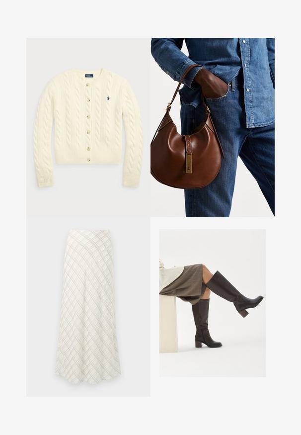 Polo Ralph Lauren CABLE-KNIT WOOL-CASHMERE CARDIGAN - Gilet - authentic cream; Deux tops à col roulé sans manches en marron et noir, présentés sur un fond blanc uni.; Jupe longue de couleur crème avec un motif à carreaux diagonal gris. Design fluide avec une texture lisse, s'évasant vers l'ourlet.; Bottes en cuir marron, montantes jusqu'au genou, avec un bout carré, un talon épais et une fermeture éclair latérale. Texture lisse avec une finition polie.; Sac en cuir marron de style hobo avec une forme arrondie, mettant en avant un accent en métal doré et des coutures contrastantes. Assorti à une chemise en denim et un jean.