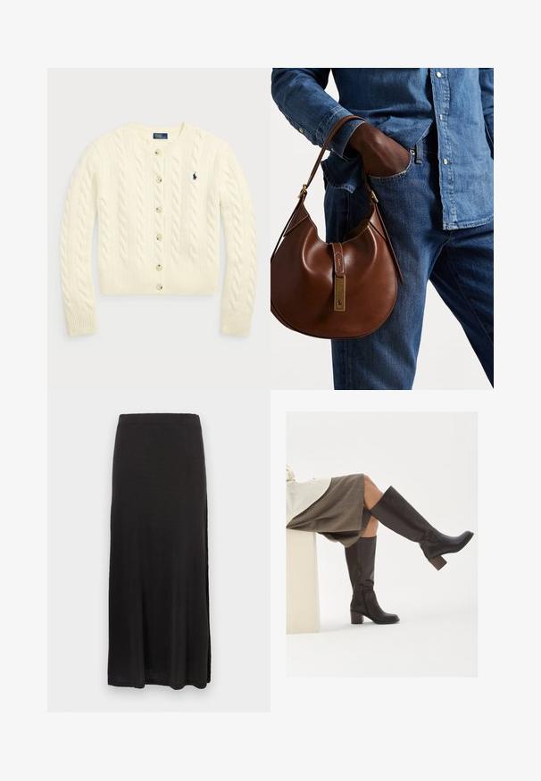 Polo Ralph Lauren CABLE-KNIT WOOL-CASHMERE CARDIGAN - Kardigan - authentic cream; Kaks õlavarteta ribakudumist turtleneck'i topi pruunis ja mustas värvitoonis, esitatud ühelaval valgel taustal.; Musta maxi-seelik pehmest kangast, otse siluetiga, külje lõhiku, sileda tekstuuri ja elastse vöökohaga.; Pruuni nahast kuni põlveni ulatuvad saapad ruudukujulise ninaga, tugeva kontsaga ja külgmise tõmblukuga. Sile tekstuur ja läikiv viimistlus.; Pruun nahast hobo kott ümmarguse kujuga, millel on kuldne metallist detail ja kontrastne õmblus. Koos teksapitsi ja teksastega.