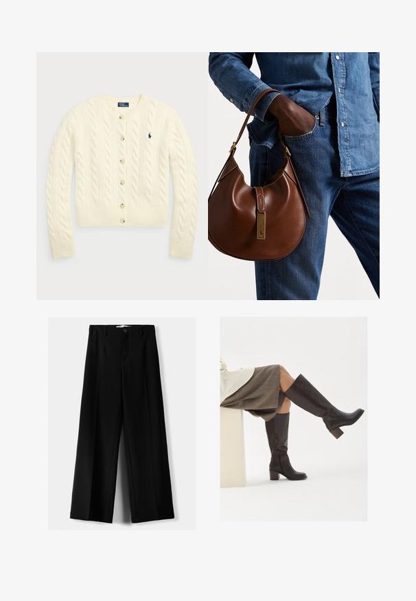 Polo Ralph Lauren CABLE-KNIT WOOL-CASHMERE CARDIGAN - Kardigan - authentic cream; Dvě bezrukávové žebrované roláky v hnědé a černé barvě, vystavené na bílém pozadí.; Černé široké kalhoty z lehkého materiálu s předním zapínáním na knoflík a hladkým předním dílem, s pečlivě přišitými lemy.; Hnědé kožené vysoké boty po kolena se čtveratou špičkou, robustním podpatkem a bočním zipem. Hladký povrch s lesklým povrchem.; Hnědá kožená hobo taška zaobleného tvaru, se zlatým kováním a kontrastním prošíváním. V kombinaci s džínovou košilí a džíny.