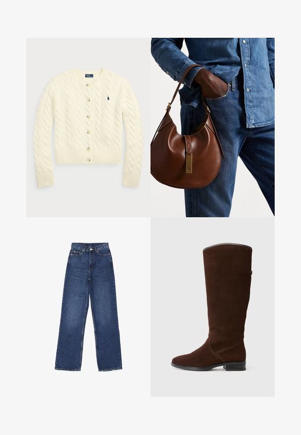 Polo Ralph Lauren CABLE-KNIT WOOL-CASHMERE CARDIGAN - Kofta - authentic cream; Två ärmlösa ribbade polotröjor i brunt och svart, presenterade mot en enfärgad vit bakgrund.; Bredbenta blå denimjeans med hög midja, med knäppning, fem fickor och subtila blekningar på tyget.; Bruna mockakängor i knähöjd med rund tå, subtila sömdetaljer och en låg blockklack. Slätt foder vid övre kanten.; Brun läder hobo-väska med en rund form, som har en accent av guldmetall och kontrasterande sömmar. Kombinerad med en denimskjorta och jeans.