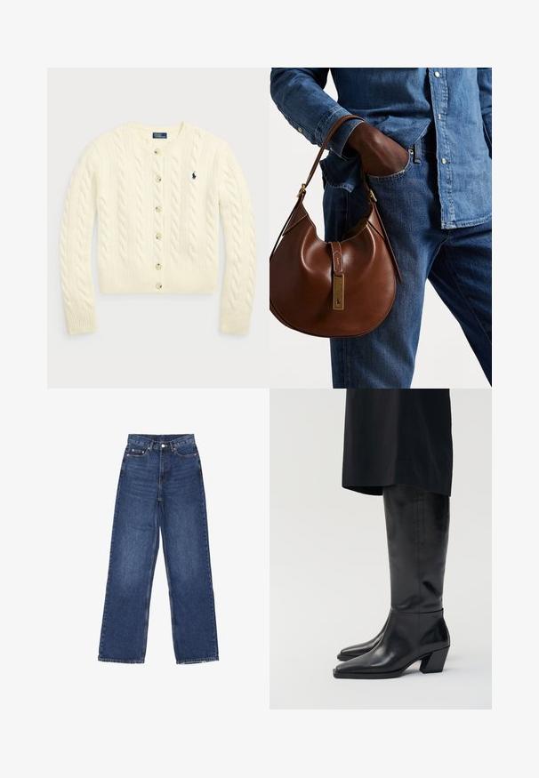 Polo Ralph Lauren CABLE-KNIT WOOL-CASHMERE CARDIGAN - Chaqueta de punto - authentic cream; Dos tops sin mangas de canalé y cuello alto en marrón y negro, exhibidos sobre un fondo blanco liso.; Jeans de mezclilla azul de pierna ancha con una cintura alta, que presentan un cierre de botón, cinco bolsillos y un leve desgastado en la tela.; Botas de cuero negro hasta la rodilla con punta afilada y tacón cuadrado, con textura suave y diseño minimalista.; Bolso hobo de cuero marrón con forma redondeada, que cuenta con un acento de hardware dorado y costuras en contraste. Combinado con una camisa de mezclilla y vaqueros.