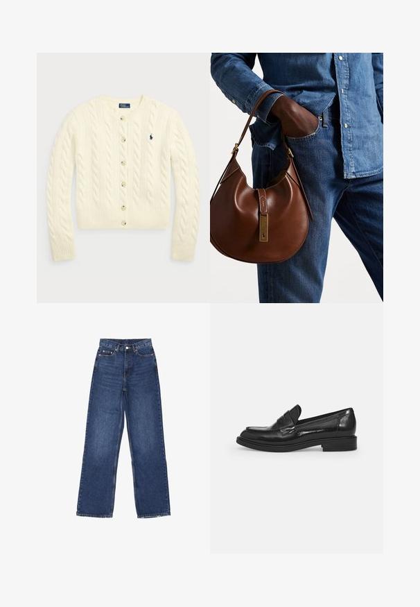 Polo Ralph Lauren CABLE-KNIT WOOL-CASHMERE CARDIGAN - Vest - authentic cream; Twee mouwloze geribbelde coltruien in bruin en zwart, weergegeven op een effen witte achtergrond.; Wijde spijkerbroek in blauwe denim met hoge taille, voorzien van een knoopsluiting, vijf zakken en subtiele vervaging op de stof.; Zwarte gepatineerde leren loafers met een ronde neus, een decoratieve band over de bovenkant en een lage blokhak. Gladde, glanzende textuur.; Bruine leren hobo tas met een rondvorm, voorzien van een gouden hardwareaccent en contrasterende stiksels. Gecombineerd met een denim shirt en jeans.