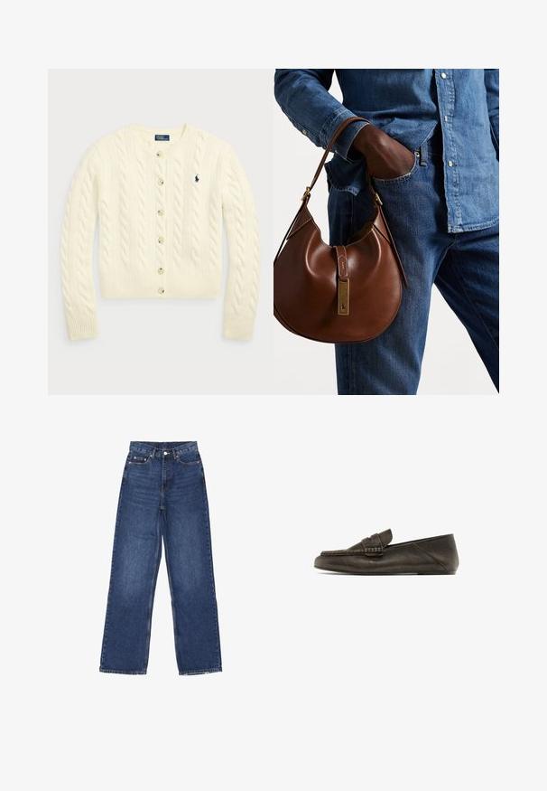 Polo Ralph Lauren CABLE-KNIT WOOL-CASHMERE CARDIGAN - Strickjacke - authentic cream; Zwei ärmellose, gerippte Rollkragenoberteile in Braun und Schwarz, auf einem schlichten weißen Hintergrund präsentiert.; Weite blaue Jeans mit hoher Taille, Knopfverschluss, fünf Taschen und subtilen Verwaschungen auf dem Stoff.; Dunkelbraune Lederloafers mit flacher Sohle, die vorne ein geflochtenes Design und eine glatte Textur aufweisen. Dezente Nahtdetails entlang der Kanten.; Braune Leder-Hobo-Tasche mit runder Form, ausgestattet mit goldenen Hardware-Details und kontrastierenden Nähten. Kombiniert mit einem Jeanshemd und Jeans.