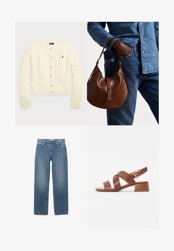 Polo Ralph Lauren CABLE-KNIT WOOL-CASHMERE CARDIGAN - Jopica - authentic cream; Dve brezrokavne rebraste majice s turtleneck ovratnikom v rjavi in črni barvi, prikazane na enotni beli podlagi.; Svetlo modri denim kavbojke s ravnim krojem, petimi žepi in bakrenimi dodatki. Tkanina ima rahlo zbledel videz in gladko teksturo.; Brahne usnjene sandale z modelom križnega paščka, nastavljivim ježkom okoli gležnja in nizko, plitvo blok peto z teksturiranim zaključkom.; Rjava usnjena hobo torba zaobljene oblike, ki vsebuje zlatokovinske dodatke in kontrastno šivanje. V kombinaciji z denim srajco in kavbojkami.