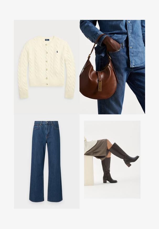 Polo Ralph Lauren CABLE-KNIT WOOL-CASHMERE CARDIGAN - Vest - authentic cream; Twee mouwloze geribbelde coltruien in bruin en zwart, weergegeven op een effen witte achtergrond.; Wijdvallende denim jeans in medium blauw, met een hoge taille, voorkeurszakken en subtiele stikdetails. Gladde textuur met ronde zoom.; Bruine leren laarzen tot de knie met een vierkante neus, stevige hak en zijrits. Gladde textuur met een gepolijste afwerking.; Bruine leren hobo tas met een rondvorm, voorzien van een gouden hardwareaccent en contrasterende stiksels. Gecombineerd met een denim shirt en jeans.