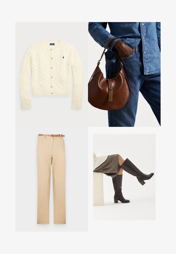 Polo Ralph Lauren CABLE-KNIT WOOL-CASHMERE CARDIGAN - Kardigán - authentic cream; Két ujjatlan, bordázott garbó felső barna és fekete színben, egy sima fehér háttéren kiállítva.; Könnyű szövetből készült bézs chino nadrág, egyenes szabású, oldalsó zsebekkel és téglalap alakú csattal rendelkező barna bőr övvel.; Barna bőrből készült, térdig érő csizmák, négyzet alakú orral, tömbsarkúval és oldalsó cipzárral. Simaszerkezet, polírozott felület.; Barna bőr hobo táska kerek formával, arany színű kiegészítővel és kontrasztos varrással. Farmeringgel és farmernadrággal párosítva.