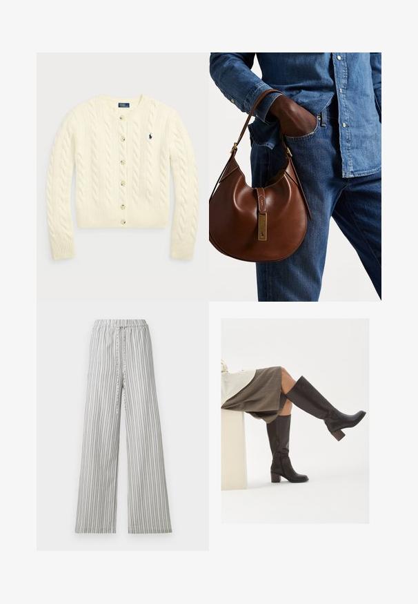 Polo Ralph Lauren - Kardigan; Dwie bezrękawnikowe, prążkowane bluzki z golfem w kolorze brązowym i czarnym, prezentowane na jednolitym białym tle.; Lekkość, szerokie spodnie z elastycznym pasem. Pionowe szare i białe paski, miękka tkanina i luźny krój. Bez kieszeni i elementów metalowych.; Brązowe skórzane kozaki do kolan z kwadratowym czubkiem, grubym obcasem i bocznym zamkiem błyskawicznym. Gładka faktura z polerowanym wykończeniem.; Brązowa skórzana torebka hobo w zaokrąglonym kształcie, z akcentami w złotym kolorze i kontrastowym przeszyciem. Połączona z dżinsową koszulą i spodniami dżinsowymi.