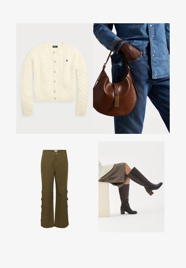 Polo Ralph Lauren CABLE-KNIT WOOL-CASHMERE CARDIGAN - Jopica - authentic cream; Dve brezrokavne rebraste majice s turtleneck ovratnikom v rjavi in črni barvi, prikazane na enotni beli podlagi.; Khaki zeleni hlače s ravnim krojem, opremljene bočnim gumbima i običnom teksturom. Izrađene od tkanine, pogodne za casual nošenje.; Rjave usnjene čizme do kolen s kvadratnim koncem, debelim peto in božnim zadrgo. Gladka tekstura s sijočim zaključkom.; Rjava usnjena hobo torba zaobljene oblike, ki vsebuje zlatokovinske dodatke in kontrastno šivanje. V kombinaciji z denim srajco in kavbojkami.