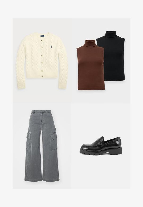 Polo Ralph Lauren CABLE-KNIT WOOL-CASHMERE CARDIGAN - Kardigan - authentic cream; Kaks õlavarteta ribakudumist turtleneck'i topi pruunis ja mustas värvitoonis, esitatud ühelaval valgel taustal.; Hallidest sõduripüksid hallist puuvillast, millel on kaks külge cargo taskut ja kõrge vöökoht, millel on sile, kergelt tekstureeritud viimistlus.; Must värviline patendnahast loafer, millel on struktureeritud ninaosa, dekoratiivne rihm vampi kohal ja paks, robustne tald. Sile, läikiv viimistlus.