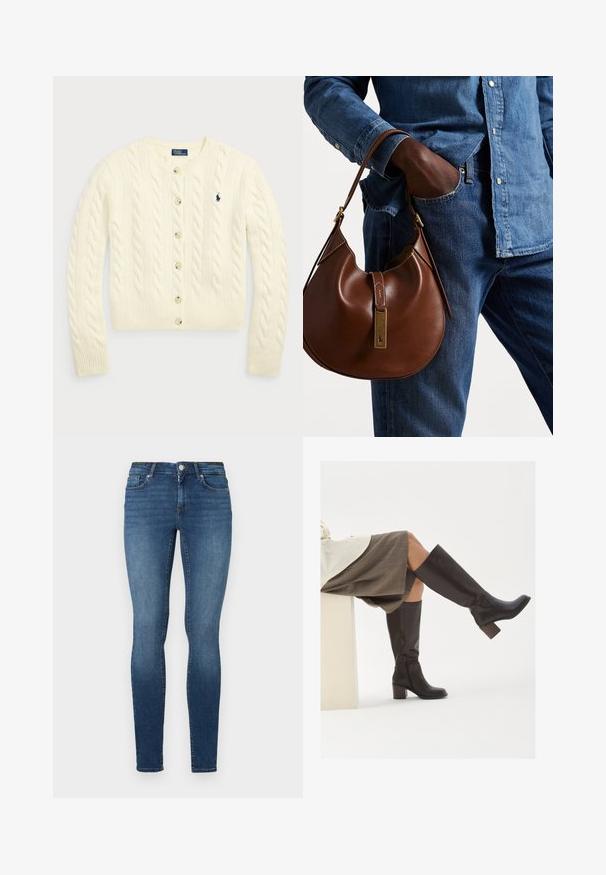 Polo Ralph Lauren CABLE-KNIT WOOL-CASHMERE CARDIGAN - Casaco de malha - authentic cream; Duas blusas de gola alta caneladas sem mangas, uma em castanho e outra em preto, exibidas num fundo branco liso.; Jeans skinny em denim azul escuro, com cinco bolsos, botão na frente e fecho de correr. O tecido tem uma textura suave com ligeira descoloração.; Botas castanhas de couro até ao joelho, com bico quadrado, salto robusto e fecho lateral em zíper. Textura suave com um acabamento polido.; Bolsa hobo de couro castanho com forma arredondada, apresentando um acabamento em metal dourado e costura em contraste. Combinada com uma camisa de ganga e jeans.