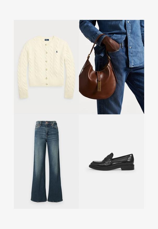 Polo Ralph Lauren CABLE-KNIT WOOL-CASHMERE CARDIGAN - Cardigan - authentic cream; Două bluze fără mâneci, din tricot cu guler înalt, în nuanțe de maron și negru, expuse pe un fundal alb simplu.; Jeans largi de culoare albastru închis, confecționați din denim, cu un design clasic cu cinci buzunare, accesorii din cupru și o decolorare subtilă pe față.; Loafers negri din piele lacuită, cu vârf rotund, o curea decorativă peste partea superioară și un toc bloc mic. Textură netedă și lucioasă.; Geantă hobo din piele maro, cu o formă rotunjită, având un accent din hardware aurie și cusături în contrast. Asortată cu o cămașă din denim și blugi.