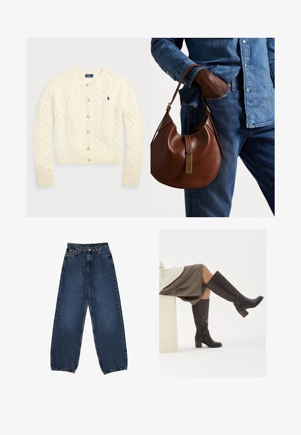 Polo Ralph Lauren CABLE-KNIT WOOL-CASHMERE CARDIGAN - Neuletakki - authentic cream; Kaksi hihattomaa ribbikuvioista poolopaitaa ruskeana ja mustana, esillä yksinkertaisella valkoisella taustalla.; Tummansinisiä leveälahkeisia farkkuja, joissa on korkea vyötärö, viisi taskua, messinkiset niitit ja siistit helmat.; Ruskea nahkainen polvipituiset saappaat, joissa on neliön muotoinen varvas, paksu korko ja sivuvetoketju. Luja rakenne ja kiiltävä pinta.; Ruskea nahkainen hobo laukku pyöreällä muotoilulla, jossa on kultaiset yksityiskohdat ja kontrastiväriommeltu. Yhdistetty farkkupaitaan ja farkkuihin.