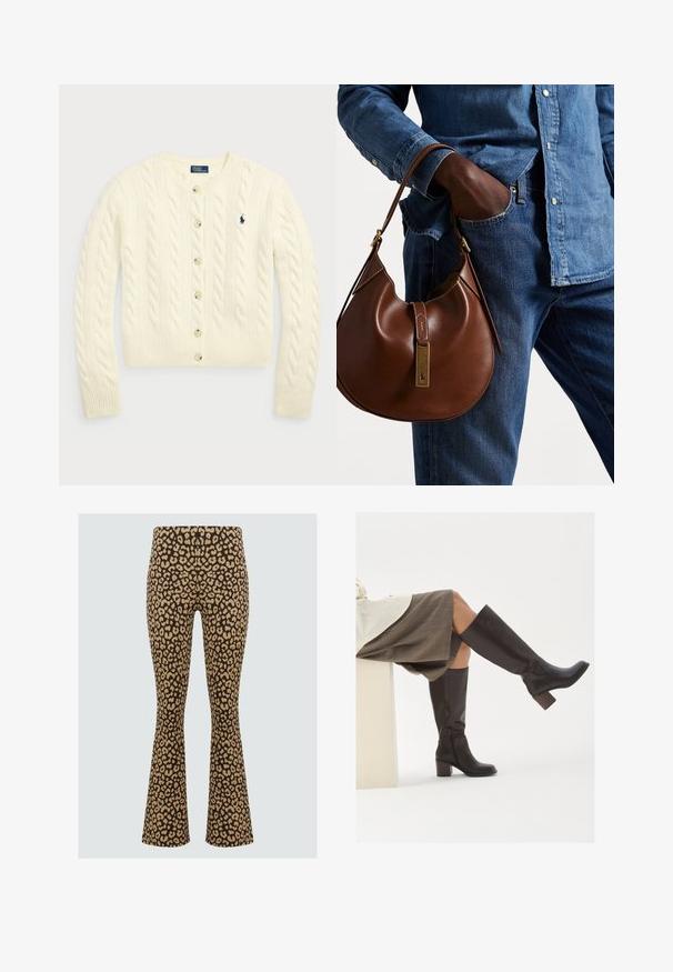 Polo Ralph Lauren CABLE-KNIT WOOL-CASHMERE CARDIGAN - Strickjacke - authentic cream; Zwei ärmellose, gerippte Rollkragenoberteile in Braun und Schwarz, auf einem schlichten weißen Hintergrund präsentiert.; Leopardenmuster Schlaghosen in Braun und Beige. Hergestellt aus dehnbarem Stoff mit einer weichen Textur. Verfügt über einen hohen Bund für zusätzlichen Komfort.; Braune Lederstiefel bis zum Knie mit eckiger Zehenpartie, blockiertem Absatz und seitlichem Reißverschluss. Glatte Oberfläche mit polierter Optik.; Braune Leder-Hobo-Tasche mit runder Form, ausgestattet mit goldenen Hardware-Details und kontrastierenden Nähten. Kombiniert mit einem Jeanshemd und Jeans.