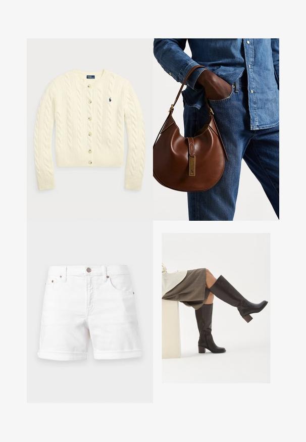 Polo Ralph Lauren CABLE-KNIT WOOL-CASHMERE CARDIGAN - Jopica - authentic cream; Dve brezrokavne rebraste majice s turtleneck ovratnikom v rjavi in črni barvi, prikazane na enotni beli podlagi.; Beli denim kratke hlače s zavihanimi robovi, pet-točkovnim dizajnom in gumbom za zapiranje. Imajo kovinske detajle in gladko teksturo.; Rjave usnjene čizme do kolen s kvadratnim koncem, debelim peto in božnim zadrgo. Gladka tekstura s sijočim zaključkom.; Rjava usnjena hobo torba zaobljene oblike, ki vsebuje zlatokovinske dodatke in kontrastno šivanje. V kombinaciji z denim srajco in kavbojkami.