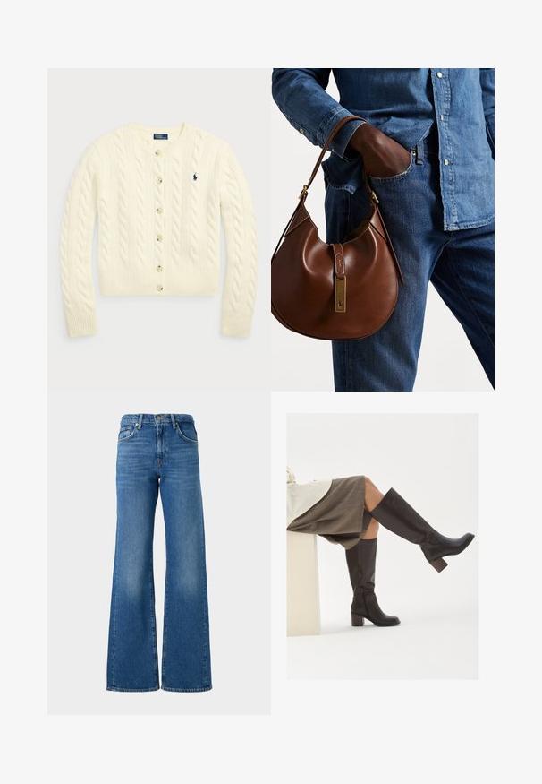 Polo Ralph Lauren CABLE-KNIT WOOL-CASHMERE CARDIGAN - Cardigan - authentic cream; To sleeveless ribbede turtleneck toppe i brun og sort, vist på en ensfarvet hvid baggrund.; Bredde ben blå jeans med en falmet finish, lavet af denim, med et klassisk fem-lomme design og messingknap lukning i taljen.; Brune læder støvler til knæene med firkantet tå, kraftig hæl og sidelukning. Glat tekstur med en poleret overflade.; Brun læder hobo taske med en afrundet form, der har et guldhardware-element og kontraststing. Sammen med en denimskjorte og jeans.