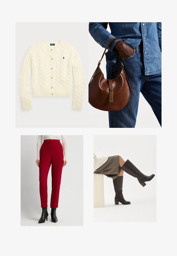 Polo Ralph Lauren CABLE-KNIT WOOL-CASHMERE CARDIGAN - Cardigan - authentic cream; Two sleeveless ribbed turtleneck tops in brown and black, displayed on a plain white background.; Red tailored trousers with a smooth texture, straight fit, and front pleats. Paired with black high-heeled ankle boots.; Brown leather knee-high boots with a square toe, chunky heel, and side zipper. Smooth texture with a polished finish.; Brown leather hobo bag with a rounded shape, featuring a gold hardware accent and contrast stitching. Paired with a denim shirt and jeans.