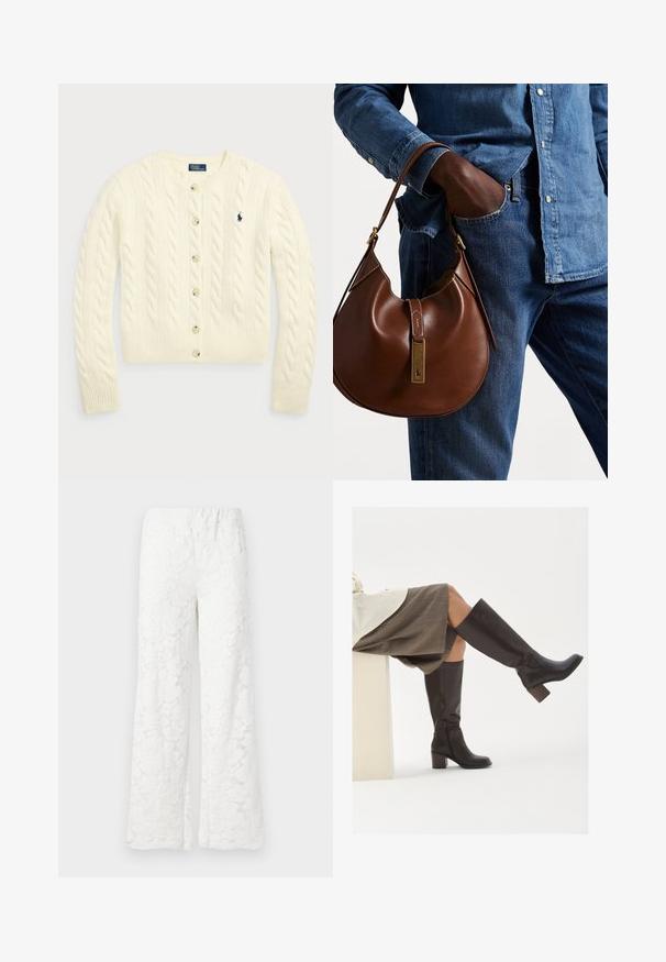 Polo Ralph Lauren CABLE-KNIT WOOL-CASHMERE CARDIGAN - Cardigan - authentic cream; Due top senza maniche a coste, uno marrone e uno nero, esposti su uno sfondo bianco semplice.; Pantaloni a gamba larga in pizzo floreale bianco con cintura elastica, caratterizzati da un tessuto testurizzato e da un delicato motivo floreale su tutta la superficie.; Stivali marroni in pelle alti fino al ginocchio, con punta quadrata, tacco spesso e zip laterale. Texture liscia con finitura lucida.; Borsa hobo in pelle marrone con una forma arrotondata, dotata di dettagli in hardware dorato e cuciture a contrasto. Abbinata a una camicia di jeans e a un paio di jeans.