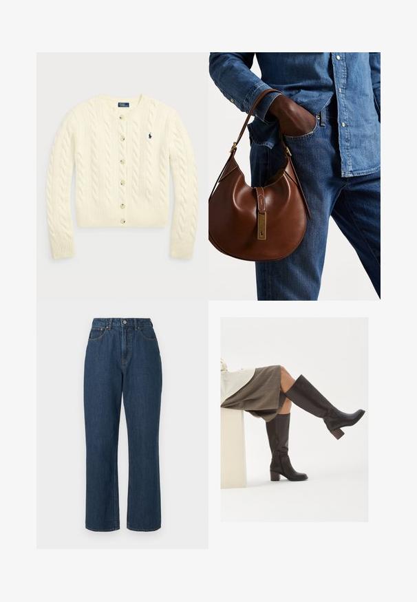 Polo Ralph Lauren CABLE-KNIT WOOL-CASHMERE CARDIGAN - Vesta na kopčanje - authentic cream; Dva bezrukavna rebrasta topa s rolkragnom u smeđoj i crnoj boji, prikazana na jednostavnoj bijeloj pozadini.; Plave traperice s visokim strukom, širokim nogavicama, vidljivim šavovima i jednim kopčanjem sprijeda. Teksturirana tkanina s glatkom završnom obradom.; Smeđe kožne čizme do koljena sa četvrtastim vrhom, robusnim potpeticama i bočnim zatvaračem. Glatka tekstura s sjajnim finišem.; Smeđa kožna hobo torba zaobljenog oblika, sa zlatnim metalnim detaljima i kontrastnim šavovima. Uparena s traper košuljom i trapericama.