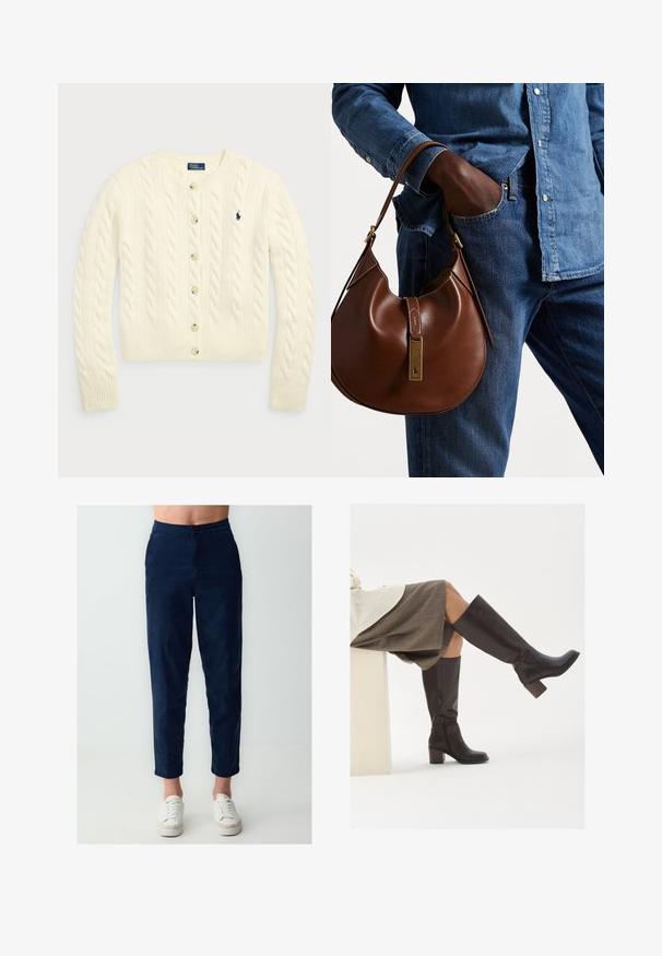 Polo Ralph Lauren CABLE-KNIT WOOL-CASHMERE CARDIGAN - Vest - authentic cream; Twee mouwloze geribbelde coltruien in bruin en zwart, weergegeven op een effen witte achtergrond.; Marineblauwe katoenmix broek met een rechte pijp, voorzien van een knoopsluiting, zijzakken en een zachte textuur. Gestyled met witte sneakers.; Bruine leren laarzen tot de knie met een vierkante neus, stevige hak en zijrits. Gladde textuur met een gepolijste afwerking.; Bruine leren hobo tas met een rondvorm, voorzien van een gouden hardwareaccent en contrasterende stiksels. Gecombineerd met een denim shirt en jeans.