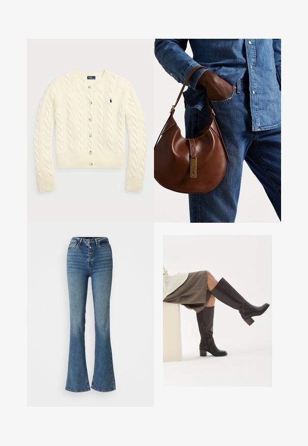 Polo Ralph Lauren CABLE-KNIT WOOL-CASHMERE CARDIGAN - Adīta jaka - authentic cream; Divas bez piedurknēm ribotas augstā kakla blūzes brūnā un melnā krāsā, izliktas uz vienkārša balta fona.; Augsti jostas zili plati džinsi, kas izgatavoti no denima, ar piecu pogu spiedpogām, izbalēšanas detaļām un cieši pieguļošu siluetu ap augšstilbiem.; Brūni ādas ceļgala zābaki ar kvadrātu formas purngalu, masīvu papēdi un sānu rāvējslēdzēju. Gluda tekstūra ar spīdīgu apdari.; Brūna ādas hobo soma ar noapaļotu formu, ar zelta aparatūras akcentu un kontrastējošiem diegiem. Apvienota ar džinsa kreklu un džinsiem.
