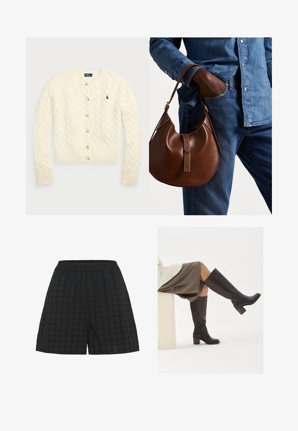 Polo Ralph Lauren CABLE-KNIT WOOL-CASHMERE CARDIGAN - Kardigán - authentic cream; Dve bezrukávové rebrované rolákové topy v hnedej a čiernej farbe, zobrazené na plain bielom pozadí.; Čierne šortky z textilného materiálu s textúrou, ktoré majú vzor na mriežku a malé výrezy. Elastický pás pre pohodlie a flexibilitu.; Hnedé kožené vysoké čižmy po kolená s obdĺžnikovou špičkou, robustným podpätkom a bočným zipsom. Hladká textúra s lesklým povrchom.; Hnedá kožená hobo taška s okrúhlym tvarom, so zlatými kovovými akcentmi a kontrastným prešívaním. V kombinácii s džínsovou košeľou a džínsami.