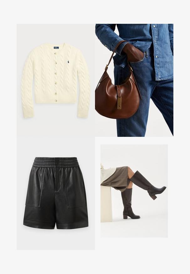 Polo Ralph Lauren CABLE-KNIT WOOL-CASHMERE CARDIGAN - Casaco de malha - authentic cream; Duas blusas de gola alta caneladas sem mangas, uma em castanho e outra em preto, exibidas num fundo branco liso.; Calções em material sintético preto, com cintura elástica, botão de pressão frontal, grandes bolsos frontais e bainha reta.; Botas castanhas de couro até ao joelho, com bico quadrado, salto robusto e fecho lateral em zíper. Textura suave com um acabamento polido.; Bolsa hobo de couro castanho com forma arredondada, apresentando um acabamento em metal dourado e costura em contraste. Combinada com uma camisa de ganga e jeans.