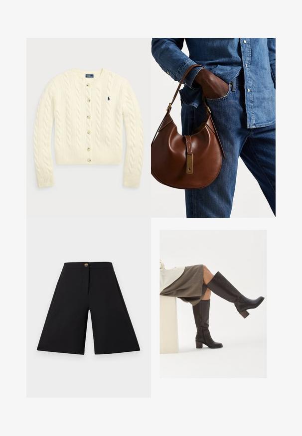 Polo Ralph Lauren CABLE-KNIT WOOL-CASHMERE CARDIGAN - Strickjacke - authentic cream; Zwei ärmellose, gerippte Rollkragenoberteile in Braun und Schwarz, auf einem schlichten weißen Hintergrund präsentiert.; Schwarze weit geschnittene Shorts mit glatter Textur, Knopfverschluss vorne und klaren Linien. Ohne Taschen für ein elegantes Erscheinungsbild.; Braune Lederstiefel bis zum Knie mit eckiger Zehenpartie, blockiertem Absatz und seitlichem Reißverschluss. Glatte Oberfläche mit polierter Optik.; Braune Leder-Hobo-Tasche mit runder Form, ausgestattet mit goldenen Hardware-Details und kontrastierenden Nähten. Kombiniert mit einem Jeanshemd und Jeans.