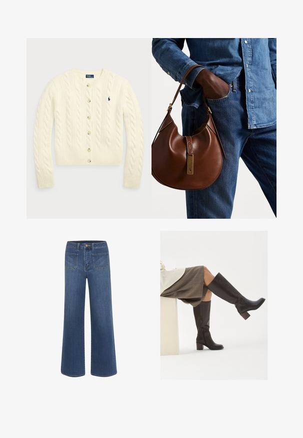 Polo Ralph Lauren CABLE-KNIT WOOL-CASHMERE CARDIGAN - Strickjacke - authentic cream; Zwei ärmellose, gerippte Rollkragenoberteile in Braun und Schwarz, auf einem schlichten weißen Hintergrund präsentiert.; Weit geschnittene Jeans aus dunkelblauem Denim mit glatter Textur, versehen mit einem Knopfverschluss, fünf Taschen und kontrastierenden Nahtdetails.; Braune Lederstiefel bis zum Knie mit eckiger Zehenpartie, blockiertem Absatz und seitlichem Reißverschluss. Glatte Oberfläche mit polierter Optik.; Braune Leder-Hobo-Tasche mit runder Form, ausgestattet mit goldenen Hardware-Details und kontrastierenden Nähten. Kombiniert mit einem Jeanshemd und Jeans.