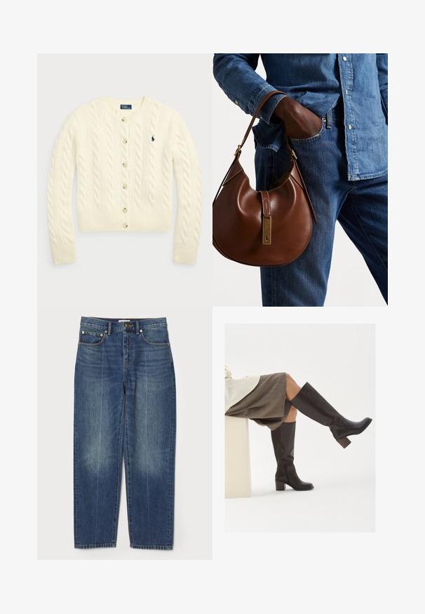 Polo Ralph Lauren CABLE-KNIT WOOL-CASHMERE CARDIGAN - Casaco de malha - authentic cream; Duas blusas de gola alta caneladas sem mangas, uma em castanho e outra em preto, exibidas num fundo branco liso.; Jeans de cintura alta, de perna reta, azuis, com bolsos frontais e traseiros, passantes para cinto, fecho de botão e um ligeiro desgaste nas pernas.; Botas castanhas de couro até ao joelho, com bico quadrado, salto robusto e fecho lateral em zíper. Textura suave com um acabamento polido.; Bolsa hobo de couro castanho com forma arredondada, apresentando um acabamento em metal dourado e costura em contraste. Combinada com uma camisa de ganga e jeans.