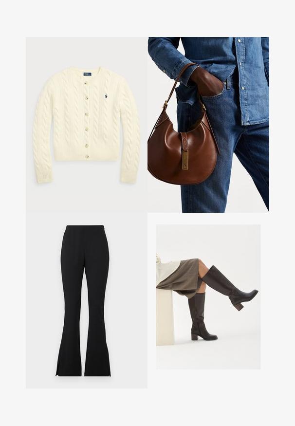 Polo Ralph Lauren CABLE-KNIT WOOL-CASHMERE CARDIGAN - Kardigán - authentic cream; Két ujjatlan, bordázott garbó felső barna és fekete színben, egy sima fehér háttéren kiállítva.; Fekete, harangszárú nadrág sima, rugalmas anyagból. Az alján oldalsó hasítékok találhatók, ami extra részletet ad. Klasszikus dizájn és sokoldalú illeszkedés.; Barna bőrből készült, térdig érő csizmák, négyzet alakú orral, tömbsarkúval és oldalsó cipzárral. Simaszerkezet, polírozott felület.; Barna bőr hobo táska kerek formával, arany színű kiegészítővel és kontrasztos varrással. Farmeringgel és farmernadrággal párosítva.
