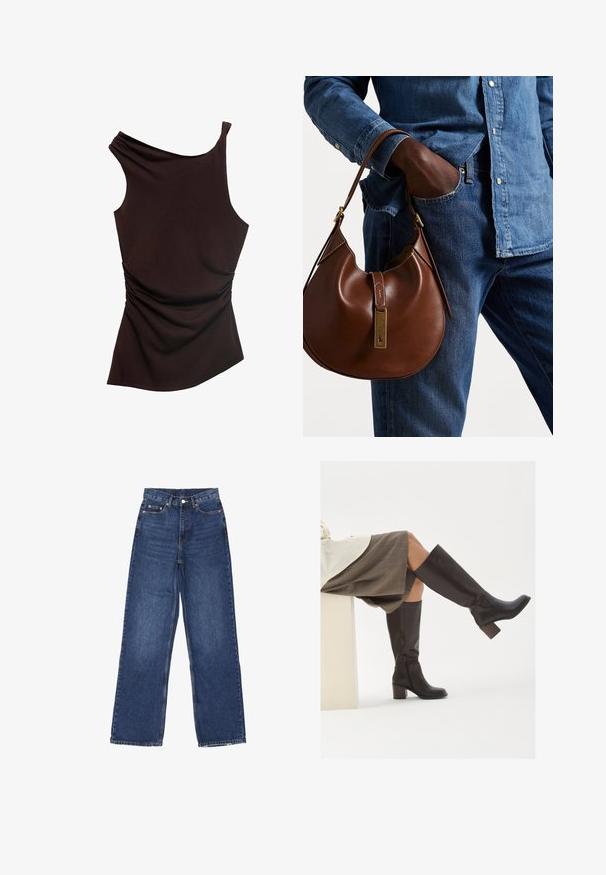Polo Ralph Lauren CABLE-KNIT WOOL-CASHMERE CARDIGAN - Chaqueta de punto - authentic cream; Top marrón asimétrico con diseño de un solo hombro, textura fruncida en un lado y un acabado suave en todo el tejido. Tela suave y elástica.; Jeans de mezclilla azul de pierna ancha con una cintura alta, que presentan un cierre de botón, cinco bolsillos y un leve desgastado en la tela.; Botas de cuero marrón hasta la rodilla con puntera cuadrada, tacón grueso y cremallera lateral. Textura suave con un acabado pulido.; Bolso hobo de cuero marrón con forma redondeada, que cuenta con un acento de hardware dorado y costuras en contraste. Combinado con una camisa de mezclilla y vaqueros.