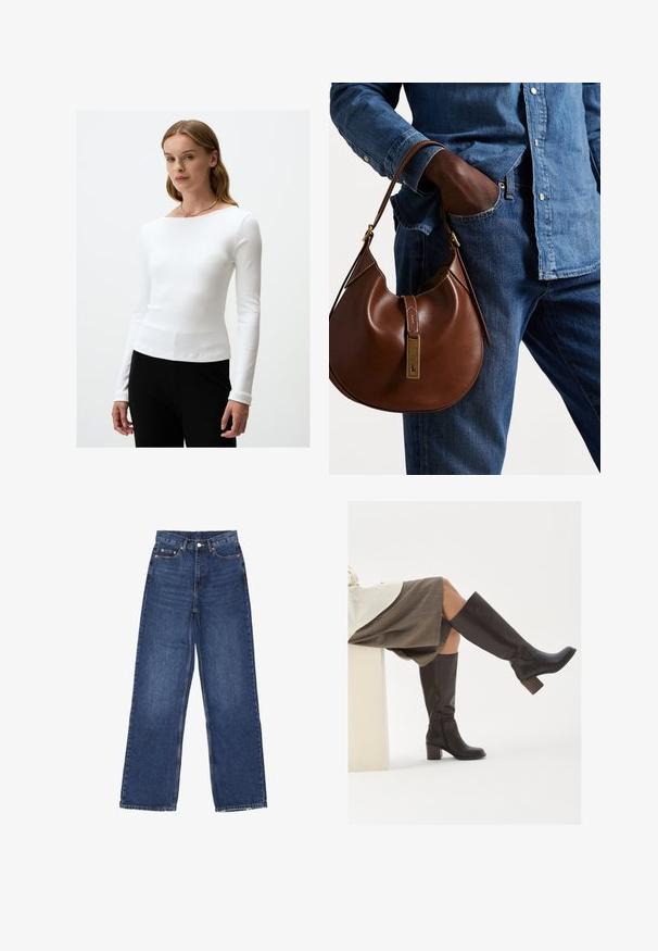Polo Ralph Lauren CABLE-KNIT WOOL-CASHMERE CARDIGAN - Vest - authentic cream; Witte lange mouwen ribbeltop met een ronde halslijn, met een slim fit en een soepele textuur, gecombineerd met zwarte broek. Eenvoudig ontwerp.; Wijde spijkerbroek in blauwe denim met hoge taille, voorzien van een knoopsluiting, vijf zakken en subtiele vervaging op de stof.; Bruine leren laarzen tot de knie met een vierkante neus, stevige hak en zijrits. Gladde textuur met een gepolijste afwerking.; Bruine leren hobo tas met een rondvorm, voorzien van een gouden hardwareaccent en contrasterende stiksels. Gecombineerd met een denim shirt en jeans.