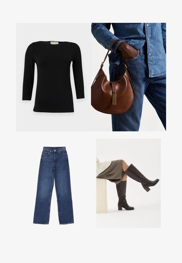 Polo Ralph Lauren CABLE-KNIT WOOL-CASHMERE CARDIGAN - Neuletakki - authentic cream; Musta pitkähihaisen puuvillapaita, jossa on veneen kaulus ja tiukasti istuva muoto. Sileä kangas, jossa on hillitty kiilto, ei erottuvia kuvioita tai koristeita.; Korkeavyötäröiset, leveälahkeiset siniset farkut, joissa on nappikiinnitys, viisi taskua ja hieno haalistuma kankaassa.; Ruskea nahkainen polvipituiset saappaat, joissa on neliön muotoinen varvas, paksu korko ja sivuvetoketju. Luja rakenne ja kiiltävä pinta.; Ruskea nahkainen hobo laukku pyöreällä muotoilulla, jossa on kultaiset yksityiskohdat ja kontrastiväriommeltu. Yhdistetty farkkupaitaan ja farkkuihin.