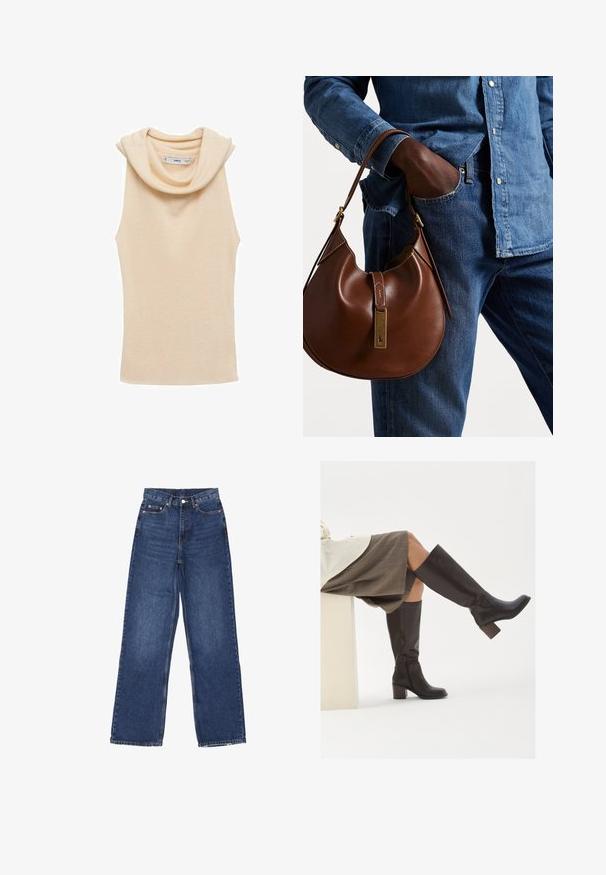 Polo Ralph Lauren CABLE-KNIT WOOL-CASHMERE CARDIGAN - Vest - authentic cream; Beige mouwloze top met een cowl halslijn, gemaakt van ribbelstof. Heeft een gladde textuur en een aansluitende pasvorm.; Wijde spijkerbroek in blauwe denim met hoge taille, voorzien van een knoopsluiting, vijf zakken en subtiele vervaging op de stof.; Bruine leren laarzen tot de knie met een vierkante neus, stevige hak en zijrits. Gladde textuur met een gepolijste afwerking.; Bruine leren hobo tas met een rondvorm, voorzien van een gouden hardwareaccent en contrasterende stiksels. Gecombineerd met een denim shirt en jeans.