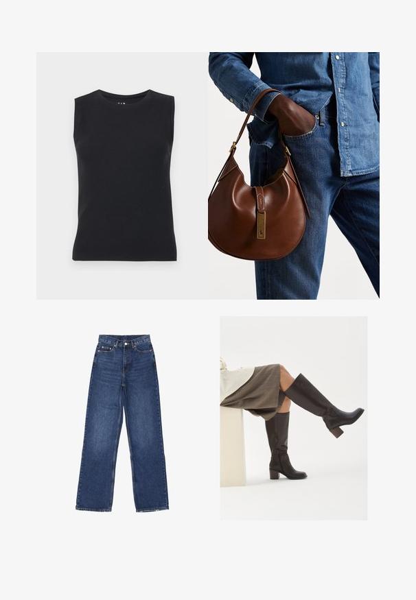 Polo Ralph Lauren CABLE-KNIT WOOL-CASHMERE CARDIGAN - Cardigan - authentic cream; Sort, ærmeløs top lavet af ribbet materiale. Har en rund halsudskæring og en tætsiddende silhuet med rene kanter og ingen synlige mønstre.; Bredde ben blå denim jeans med høj talje, der har en knaplukning, fem lommer og diskret falmning på stoffet.; Brune læder støvler til knæene med firkantet tå, kraftig hæl og sidelukning. Glat tekstur med en poleret overflade.; Brun læder hobo taske med en afrundet form, der har et guldhardware-element og kontraststing. Sammen med en denimskjorte og jeans.
