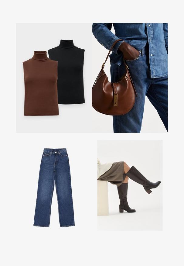 Polo Ralph Lauren CABLE-KNIT WOOL-CASHMERE CARDIGAN - Neuletakki - authentic cream; Kaksi hihattomaa ribbikuvioista poolopaitaa ruskeana ja mustana, esillä yksinkertaisella valkoisella taustalla.; Korkeavyötäröiset, leveälahkeiset siniset farkut, joissa on nappikiinnitys, viisi taskua ja hieno haalistuma kankaassa.; Ruskea nahkainen polvipituiset saappaat, joissa on neliön muotoinen varvas, paksu korko ja sivuvetoketju. Luja rakenne ja kiiltävä pinta.; Ruskea nahkainen hobo laukku pyöreällä muotoilulla, jossa on kultaiset yksityiskohdat ja kontrastiväriommeltu. Yhdistetty farkkupaitaan ja farkkuihin.