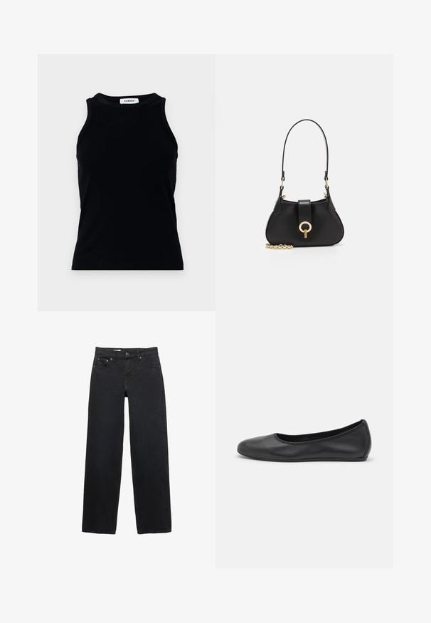 Polo Ralph Lauren CABLE-KNIT WOOL-CASHMERE CARDIGAN - Neuletakki - authentic cream; Musta ribbed-tyylinen hihaton paita, jossa on pyöreä pääntie ja leveät olkaimet. Ei koristeita tai kuvioita. Sujuva rakenne.; Mustat leveät farkut denimistä, joissa on viisi taskua, nappikiinnitys, hillitty ompelu ja suora leikkaus vyötäröstä helmaan.; Musta nahkainen ballerina, jossa on pyöristetty kärki, sileä pinta, minimaalinen ommelkoristelu ja joustava pohjamuotoilu.; sandro JANET - Käsilaukku - noir