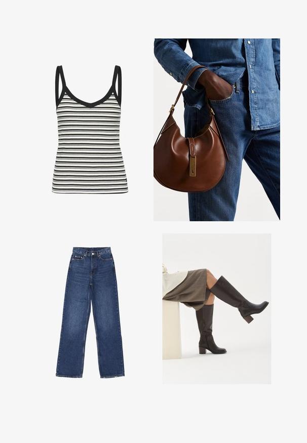 Polo Ralph Lauren CABLE-KNIT WOOL-CASHMERE CARDIGAN - Chaqueta de punto - authentic cream; Top de tirantes a rayas en blanco y negro con cuello en V y tirantes delgados, que presenta una textura acanalada y un ribete negro a lo largo del escote y las sisas.; Jeans de mezclilla azul de pierna ancha con una cintura alta, que presentan un cierre de botón, cinco bolsillos y un leve desgastado en la tela.; Botas de cuero marrón hasta la rodilla con puntera cuadrada, tacón grueso y cremallera lateral. Textura suave con un acabado pulido.; Bolso hobo de cuero marrón con forma redondeada, que cuenta con un acento de hardware dorado y costuras en contraste. Combinado con una camisa de mezclilla y vaqueros.