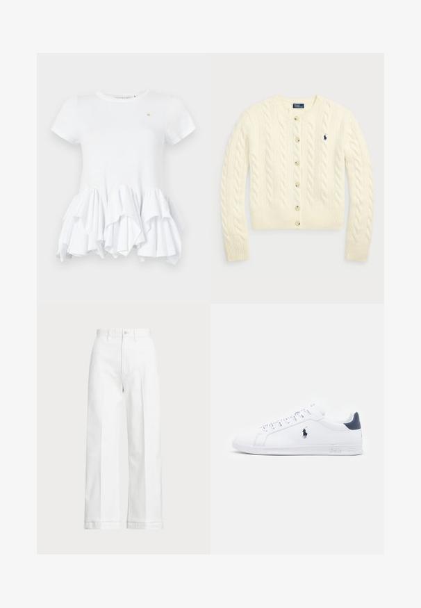 Polo Ralph Lauren CABLE-KNIT WOOL-CASHMERE CARDIGAN - Kardiganas - authentic cream; Balta marškinėliai trumpomis rankovėmis, su raukšlėta apatine dalimi. Pagaminti iš sklandžios medvilnės, turi apvalią iškirptę ir nedidelį logotipo akcentą šalia krūtinės.; Balti platūs kelnės su aukštu juosmeniu, su mygtuko uždarymu ir subtiliu siuvimo akcentu. Pagamintos iš medvilnės su glotnia tekstūra.; Baltos odinės sportbačiai su lygiu paviršiumi, tamsiai mėlyni akcentai ir mažas logotipas šone. Yra plokščios raišteliai ir tekstūruotas gumos padas.