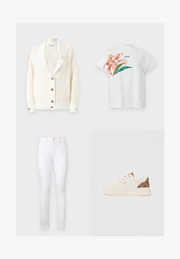 Cardigã creme texturizado com golas de xale em canelado, punhos e bainha em canelado, duas bolsos frontais e botões em tom dourado na frente e nos punhos.; T-shirt de algodão branco com mangas curtas, apresentando um design floral em rosa e folhas verdes do lado esquerdo. Logótipo "Guess" em cinza acima do design.; Jeans skinny de ganga branca com cintura alta, dois bolsos frontais e fecho com botão em tom dourado. Textura suave, silhueta ajustada e sem padrões visíveis.; Sapatilha branca de cano baixo com calcanhar e língua em padrão bege, logótipo dourado "GUESS" na lateral e atacadores brancos em fundo branco.