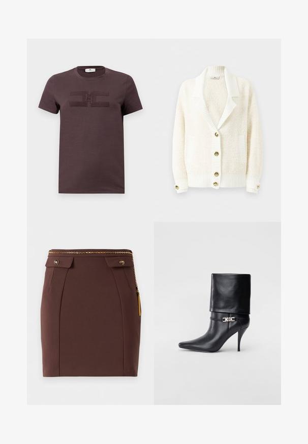 Tejattan struktúrájú krém színű kardigán, bordás sálgallérral, bordás mandzsettákkal és aljjal, két elülső zsebbel és aranyszínű gombokkal az elején és a mandzsettákon.; Sötét lila pamut póló rövid ujjakkal, középen texturált logóval. Kerek nyakkivágás és puha anyag.; Fekete, áttetsző, hosszú ujjú blúz széles gallérral és arany láncnyaklánccal, amelynek a végén bojt pendant lóg elöl.; Barna, testhez simuló mini szoknya arany láncbelsővel, dekoratív gombos flapekkel és arany bojt részlettel, sima hátteren.; Fekete bőr bokacsizma hegyes orral, magas stiletto sarokkal, hajtott szegéllyel és arany díszcsattal a bokán.