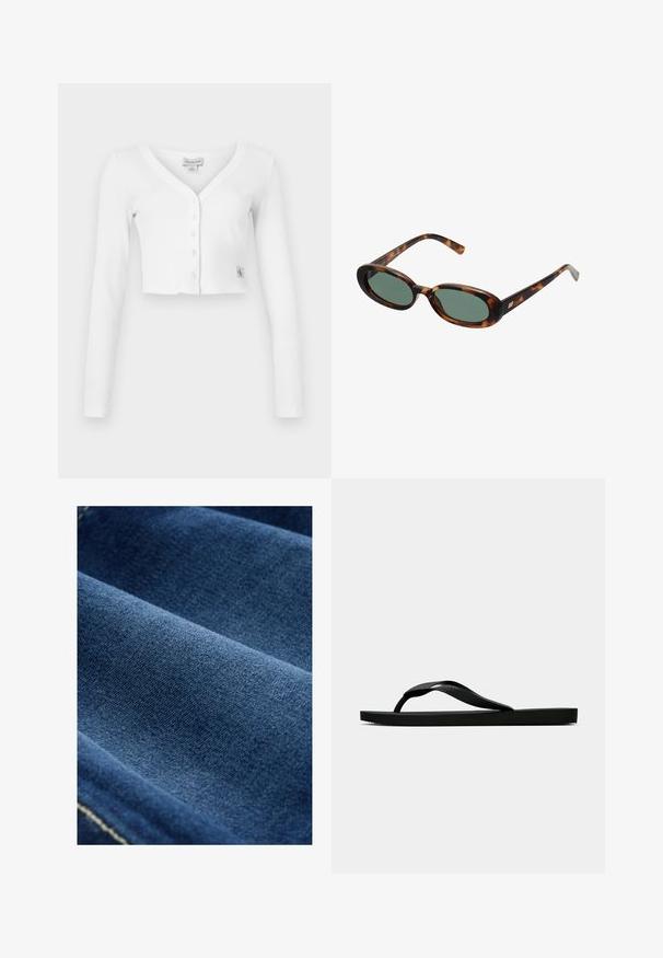 Fehér, rövidített fazonú kardigán V-nyakkal, hosszú ujjakon és hat gombbal az elülső részen. Bal alsó sarkában kicsi márkajelzés található.; Fehér lenblúz rövid ujjal, lyukacsos hímzéssel és elöl megkötős záródással, továbbá hullámos nyakkivágással és szegés részletekkel.; Sötétkék farmer anyag sima felülettel, látható szövettel és enyhe rugalmassággal. Finom varrásvonalak láthatók a szélek mentén.; Fekete gumipapucs, textúrált pánttal és egyszerű lapos talppal, oldalnézetből, világos háttér előtt.; Tortojásmintás napszemüveg ovális kerettel és zöld lencsékkel. Vékony szárakkal rendelkezik, fémes kiegészítővel a csuklók közelében.; Barna monogramozott bőr táska arany lánc pánttal, cipzáros zárással és lapos, téglalap alakú kivitelben. Az elülső oldalán logó van domborítva.